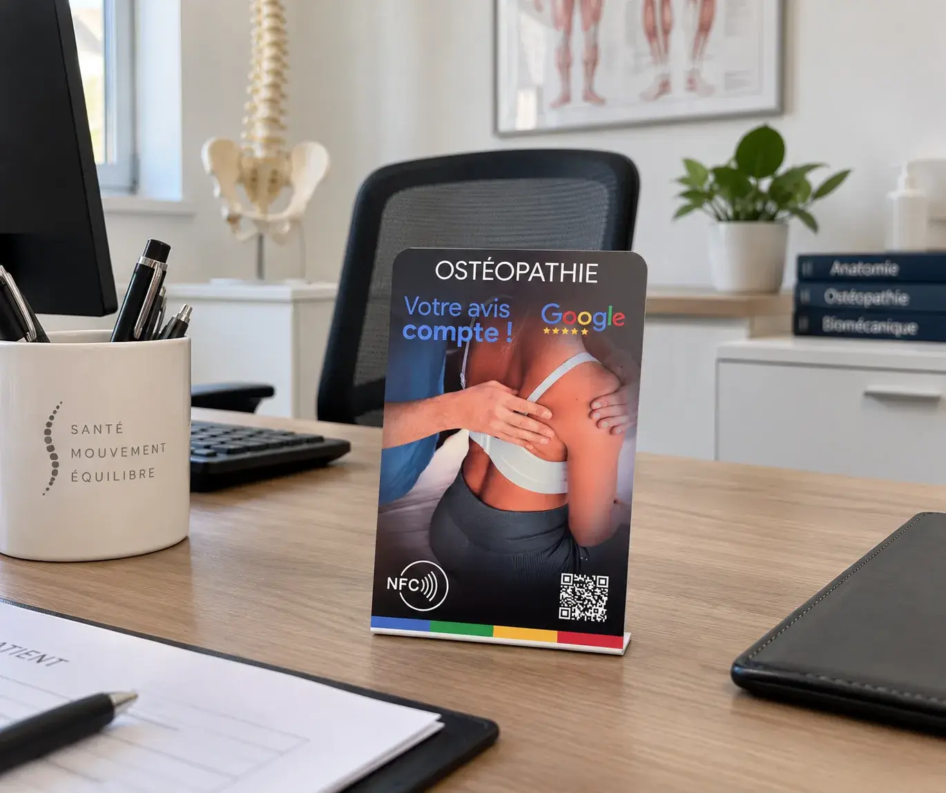 Chevalet de comptoir imprimé en couleur avec une puce NFC et un QR code, posé sur le bureau d’un cabinet d’ostéopathie